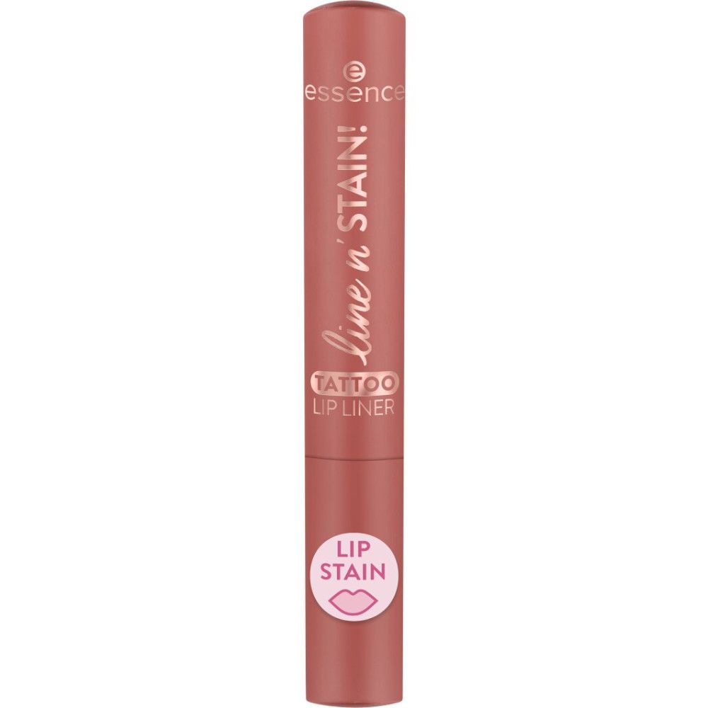 Lippenkonturenstift, rosa. Aufschrift: Line n' Stain, Tattoo Lipliner, Lip Stain. Marke: essence.
