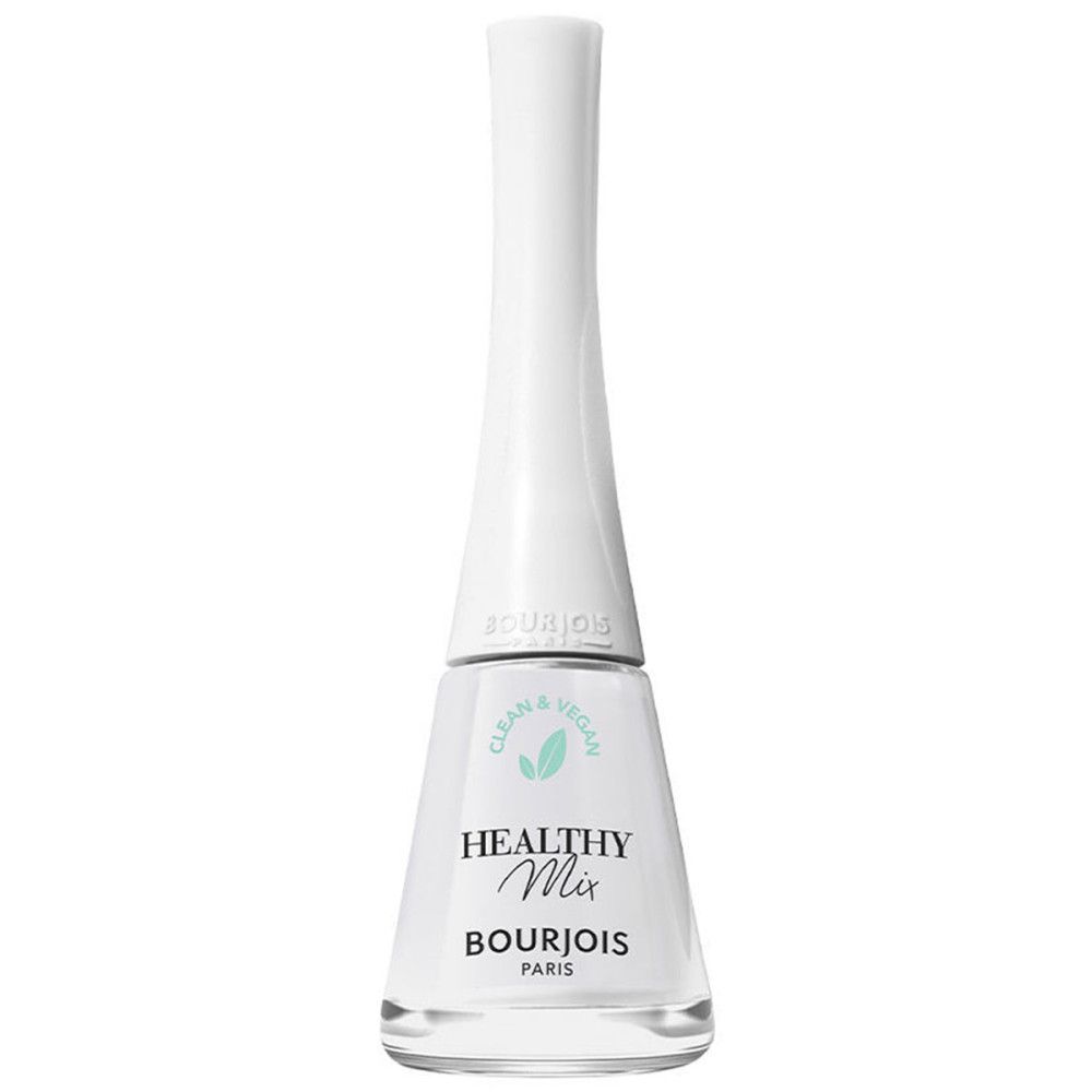 Weißer Nagellackflakon. Aufschrift: Healthy Mix, Bourjois. Clean & Vegan Logo.