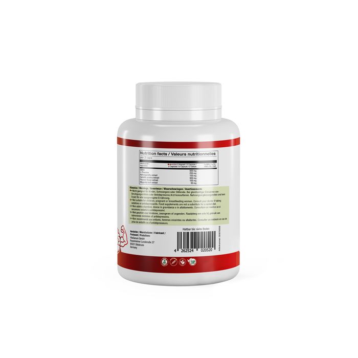 Weiße Flasche mit rotem Streifen. Aufschrift: Nutrition facts. Rückseite mit Informationen und Barcode.