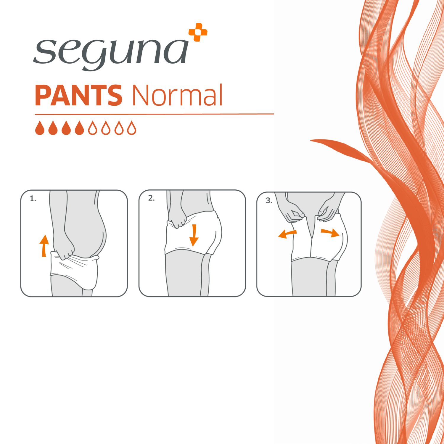 Illustration der Anwendung von SEGUNA Pants. 3 Schritte: Anziehen, Positionieren, Anpassen.