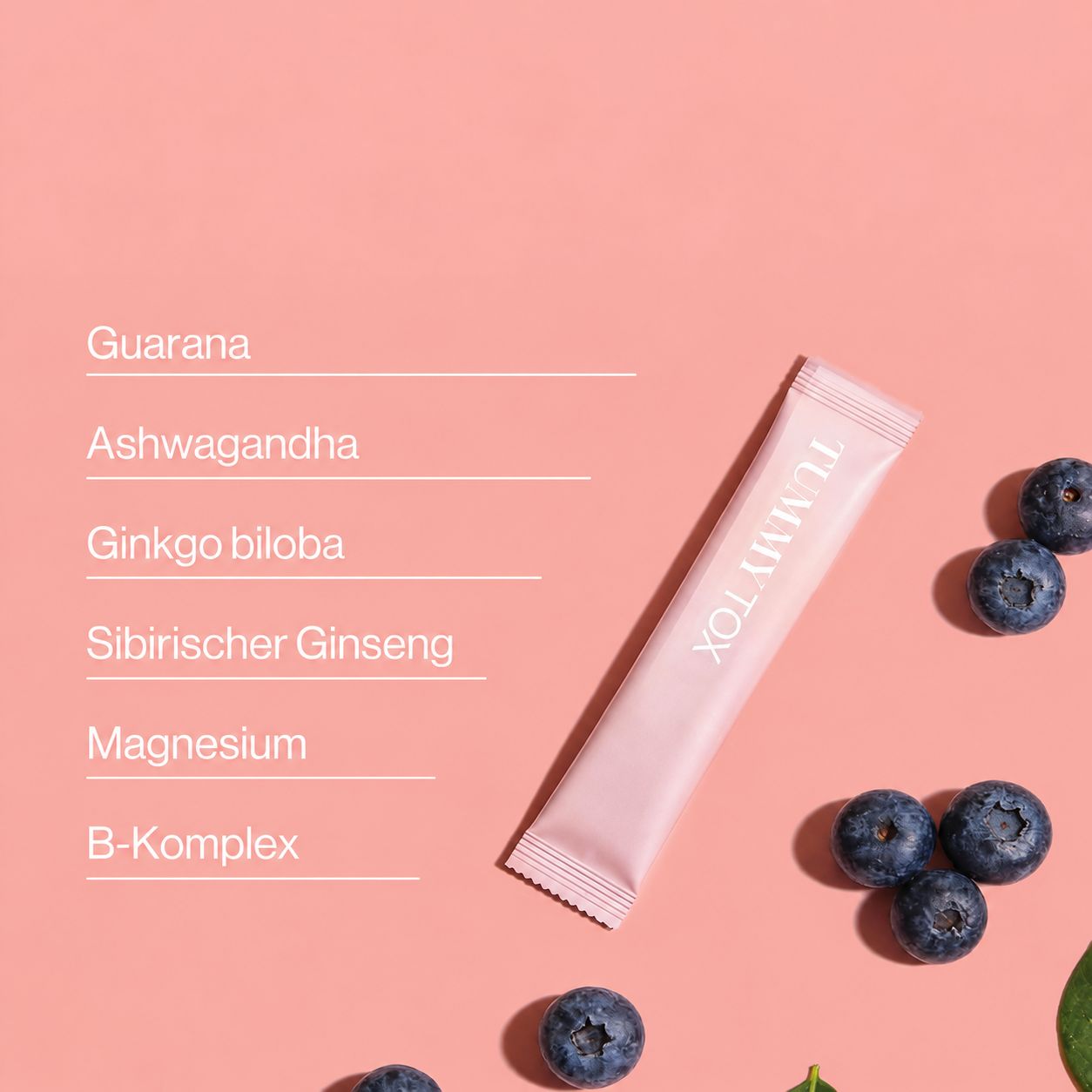 Fokus+ Drink Beutel mit Zutatenliste: Guarana, Ashwagandha, Ginkgo biloba, Sibirischer Ginseng, Magnesium, B-Komplex.