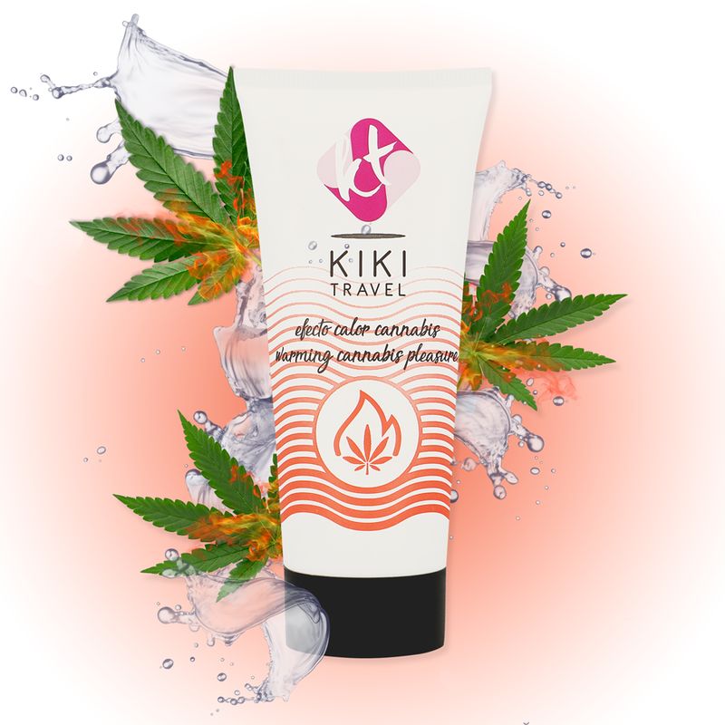 Tube mit Produktaufdruck, Schriftzug "KIKI TRAVEL", "efecto calor cannabis", Flammen- und Cannabis-Blatt-Symbol. Wasser-Effekt und Blätter.