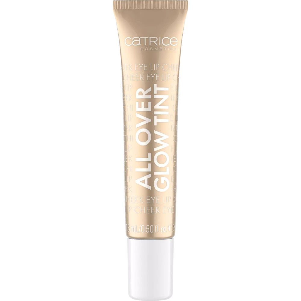 Catrice All Over Glow Tint Tube. Goldfarbene Tube mit weißem Verschluss. Aufschrift: ALL OVER GLOW TINT.