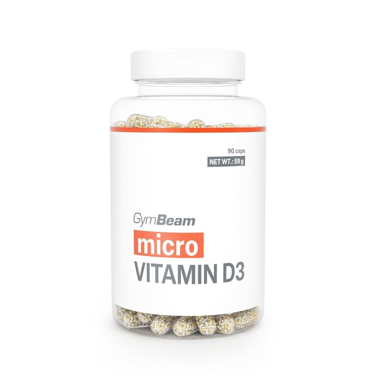GymBeam Vitamin D3 Kapseln in durchsichtiger Flasche mit weißem Deckel. Enthält 90 Kapseln.