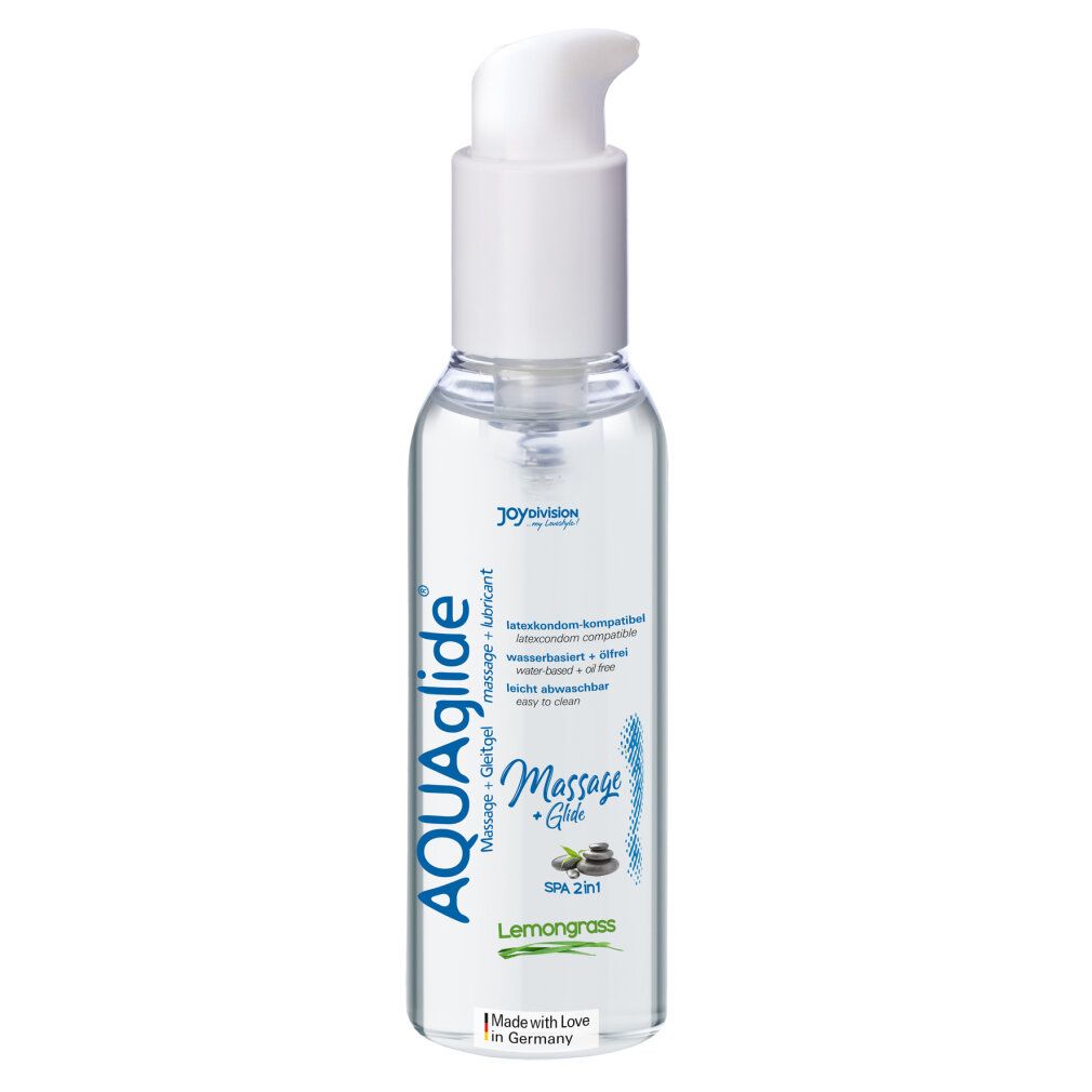 Transparente Flasche mit weißem Pumpkopf. Aufschrift: AQUAglide Massage + Glide, Lemongrass. Hergestellt in Deutschland.