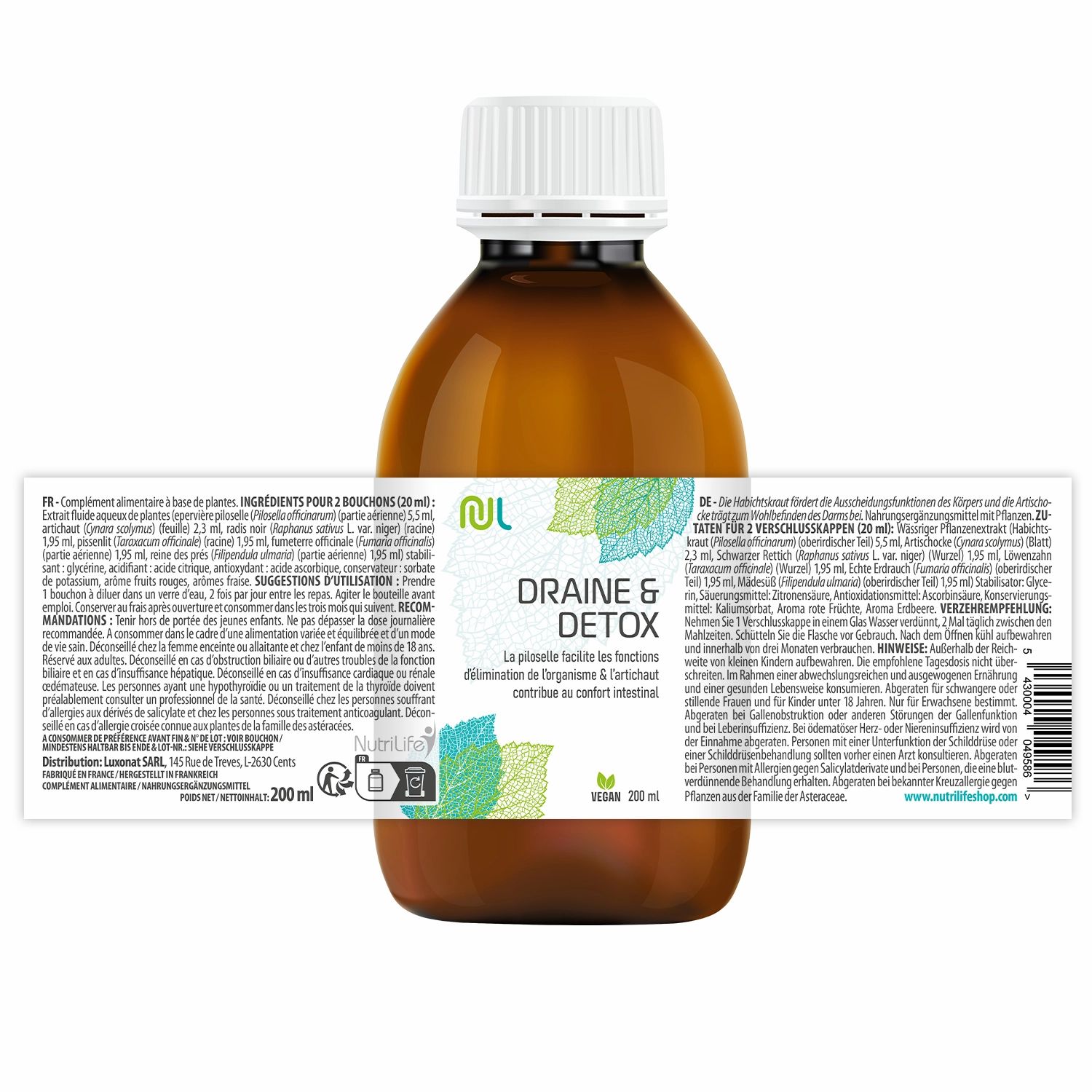 Braune Flasche mit weißem Deckel. Etikett mit Logo, Blättern und Text: Draine & Detox. Vegan. Rückseite mit Text.