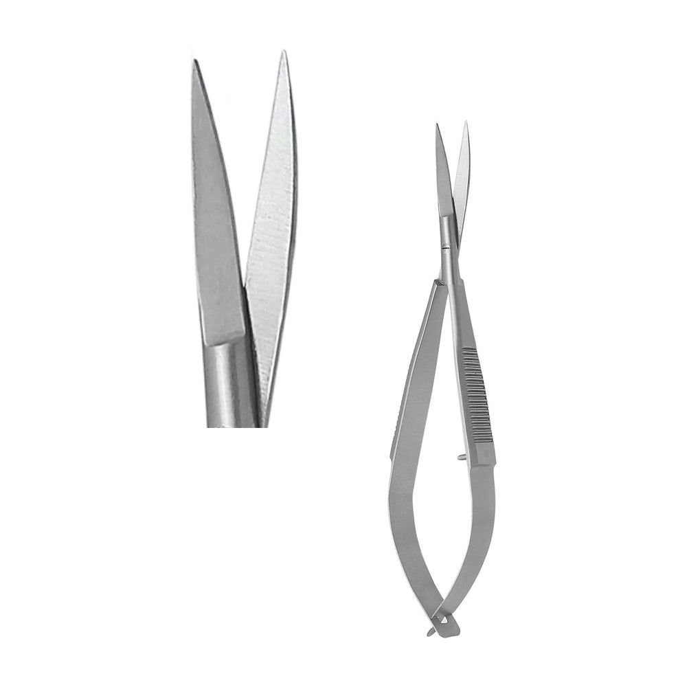 Feine, gebogene Schere aus Metall. Detailansicht der Spitze. Griffe mit Riffelung.