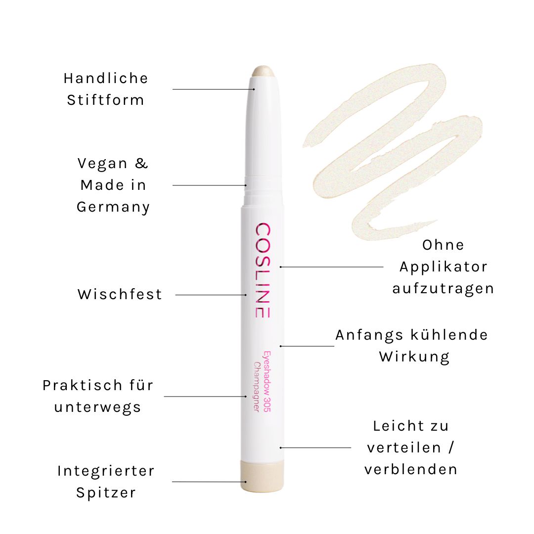 Weißer Lidschattenstift mit Aufschrift Cosline. Text: Vegan & Made in Germany. Integrierter Spitzer. Farbe: Champagner.