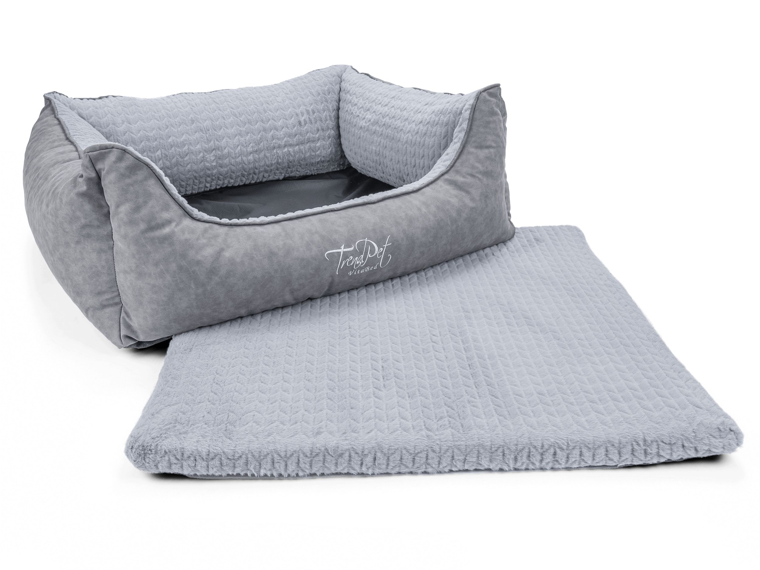 Graues orthopädisches Hundebett mit separater Matte. Gepolsterte Seiten und Boden. TrendPet-Logo.