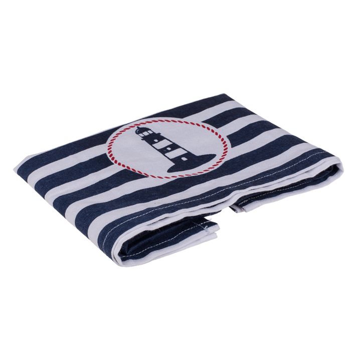 Gefaltetes Geschirrtuch mit blau-weißen Streifen und Leuchtturm-Motiv in einem ovalen Rahmen.