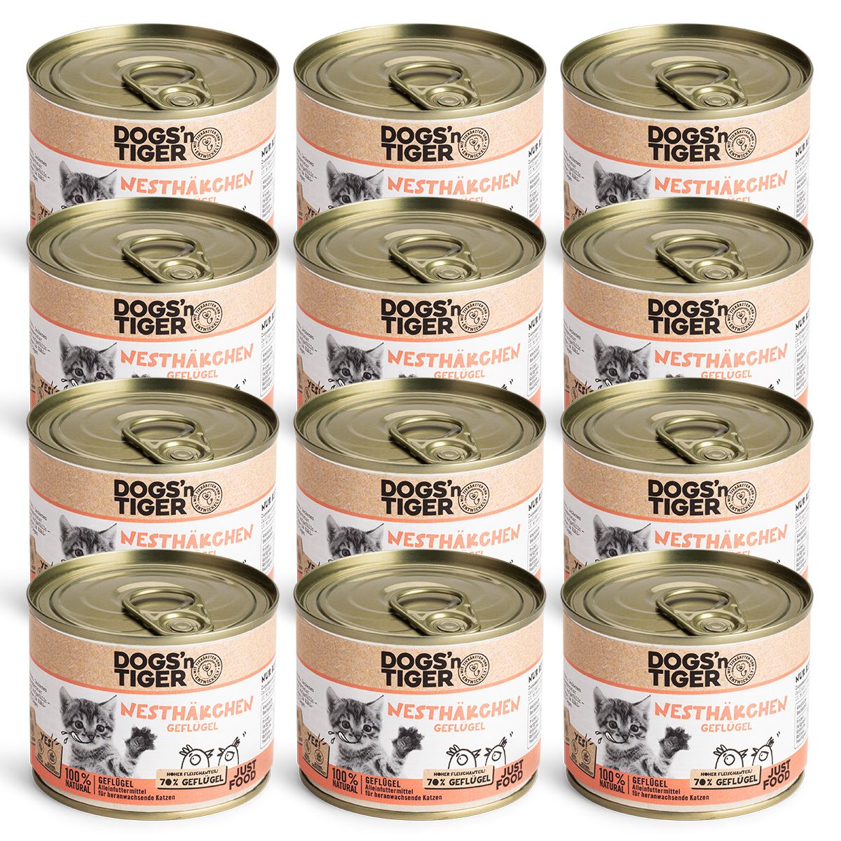 Neun Dosen Katzenfutter. Aufschrift: Dogs'n Tiger, Nestkächen, Geflügel. Abbildung einer Katze.