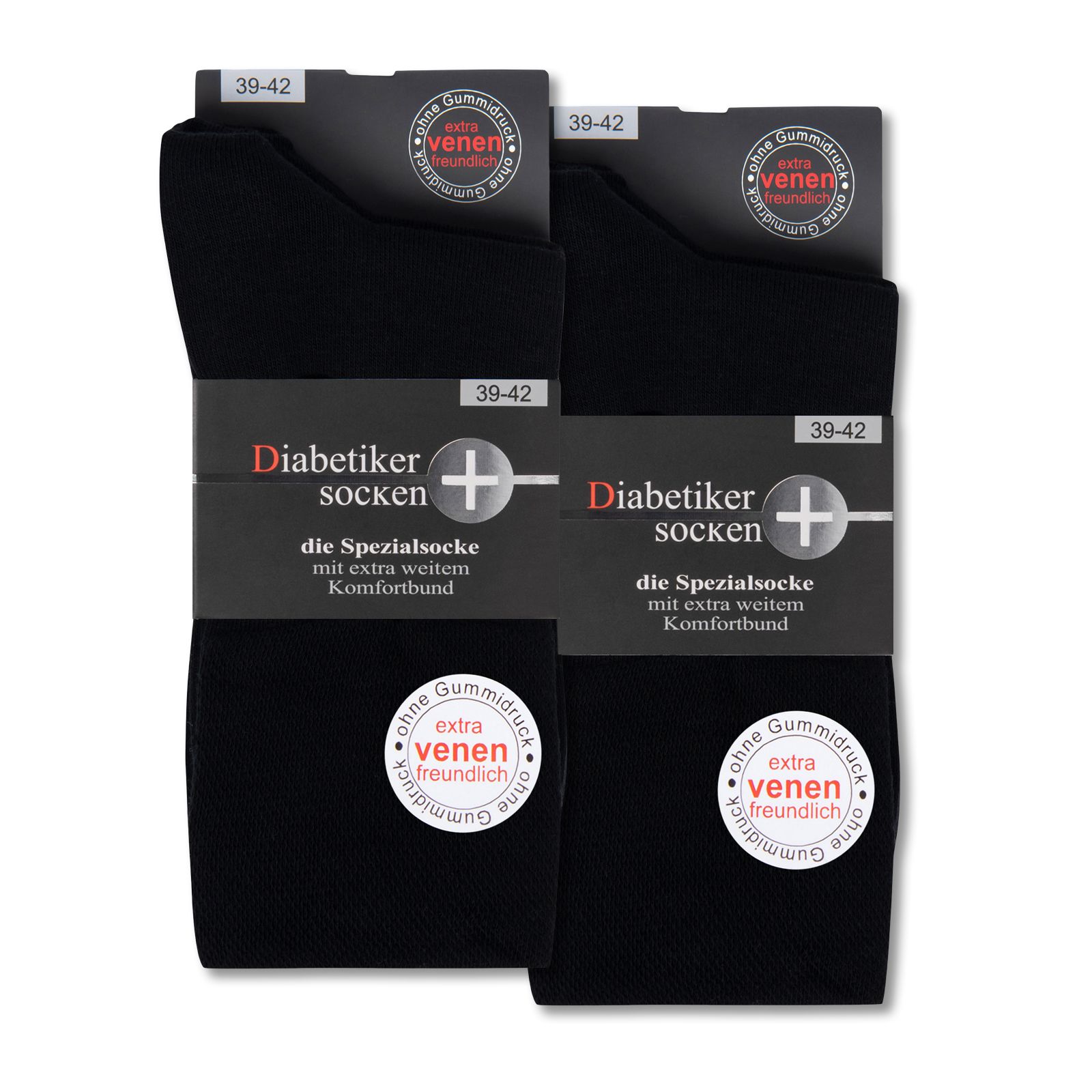 Zwei Paar schwarze Socken in Verpackung. Text: Diabetiker Socken, ohne Gummidruck, extra venenfreundlich.