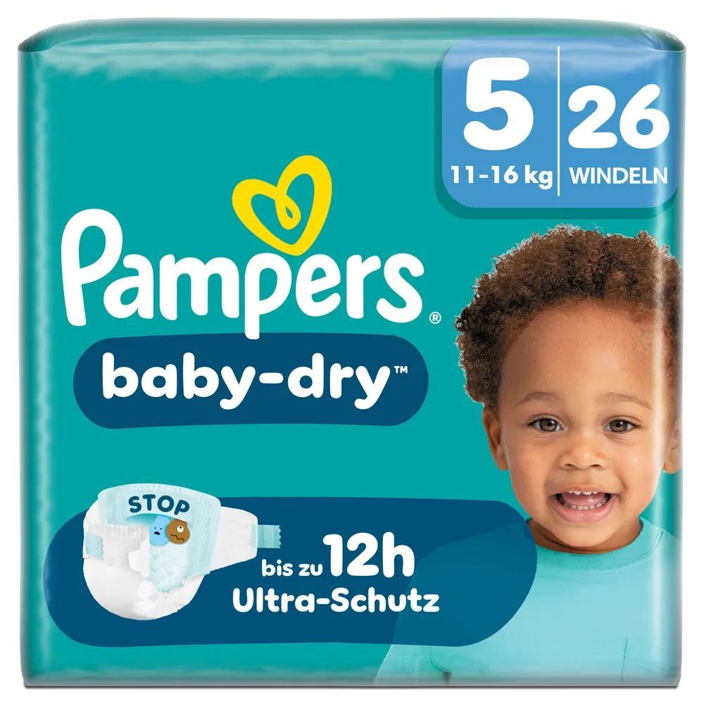 Pampers Baby-Dry Windeln, Größe 5, 26 Stück, 11-16 kg. Bieten bis zu 12h Ultra-Schutz.
