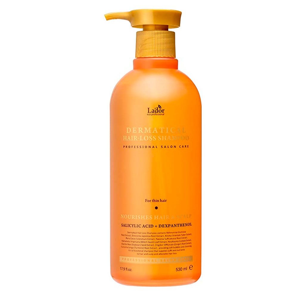 Orangefarbene Flasche mit Pumpspender für LADOR Dermatical Hair-Loss Shampoo, 530 ml.