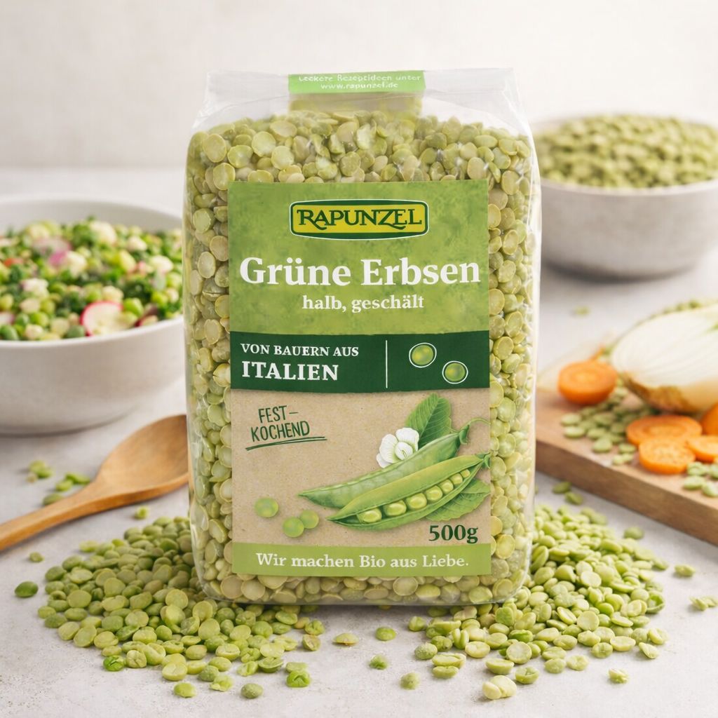 Rapunzel Grüne Erbsen, halb, geschält, 500g Beutel. Festkochend, von Bauern aus Italien.