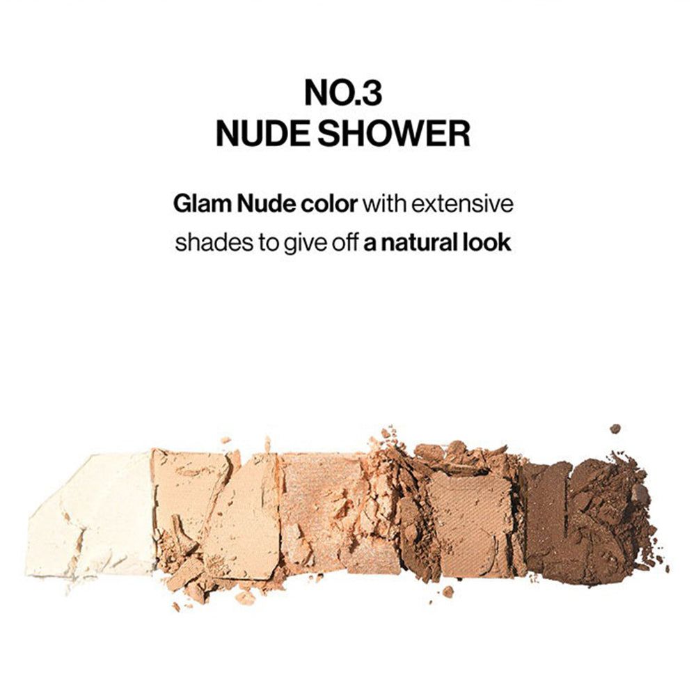 UNLEASHIA Mood Shower Lidschattenpalette, Nude Shower, mit 5 Farbtönen. Text mit Produktnamen und Beschreibung.