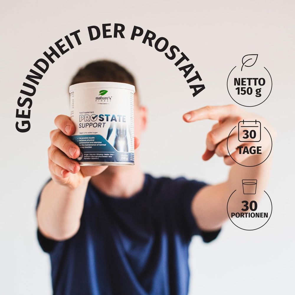 Mann hält Dose Nature's Finest Prostate Support, Netto 150g, 30 Tage, 30 Portionen.