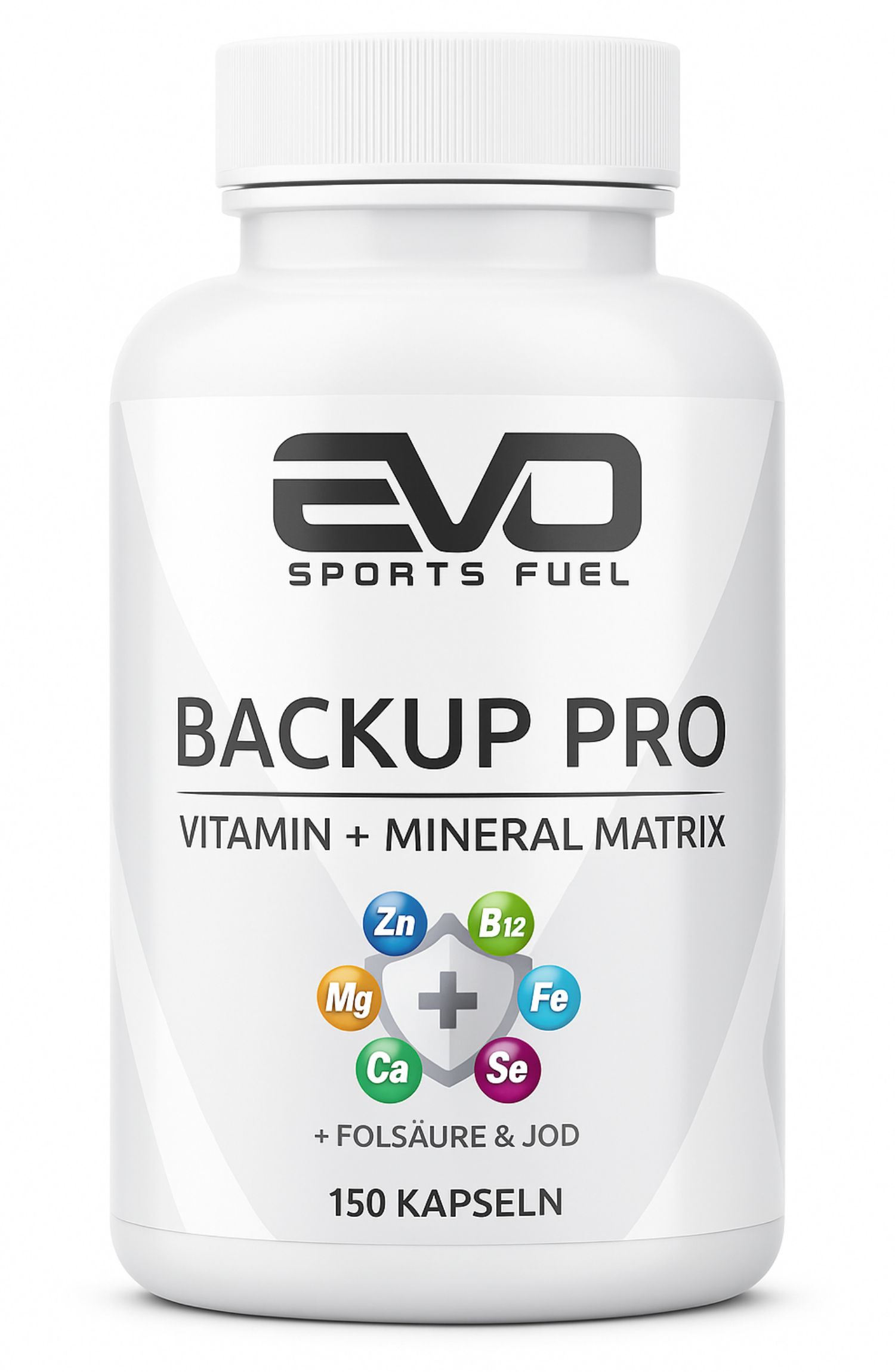 Weiße Kapsel mit EVO SPORTS FUEL Logo, 'BACKUP PRO' und Vitamin-/Mineralstoff-Symbolen. Enthält 150 Kapseln.
