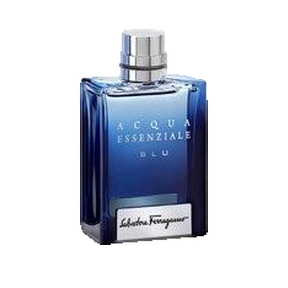 Blaues Parfümflakon mit silbernem Verschluss. Aufschrift: Acqua Essenziale Blu und Salvatore Ferragamo.