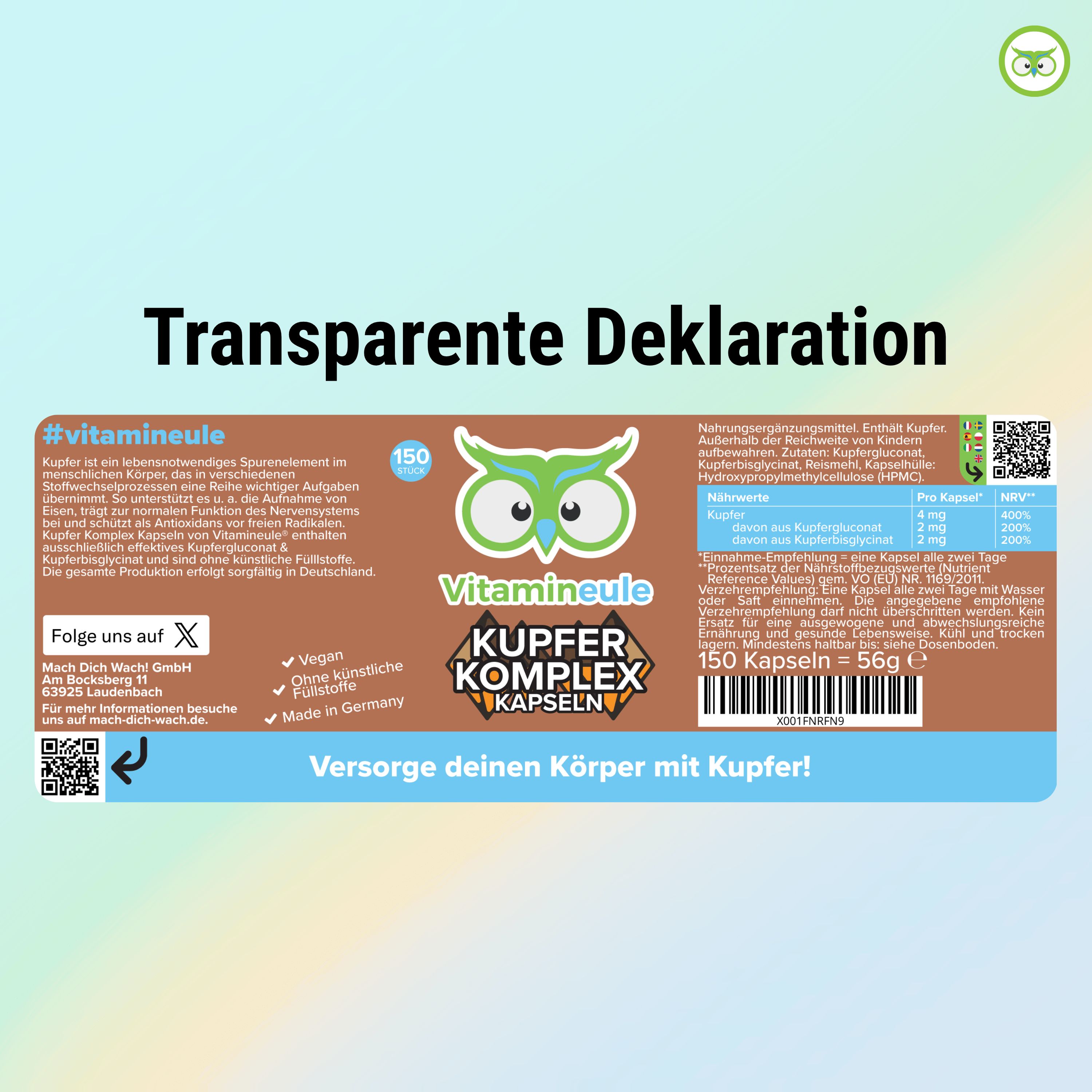 Transparente Deklaration. Produktetikett: Kupfer Kapseln, 150 Stück, #vitamineule, Inhaltsstoffe, Nährwertangaben, Herstelleradresse, QR-Code, vegan, etc.