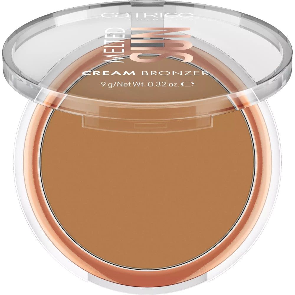 Catrice Cream Bronzer in offener, transparenter Verpackung. Braune Farbe, Aufschrift: Melted Sun, Cream Bronzer.