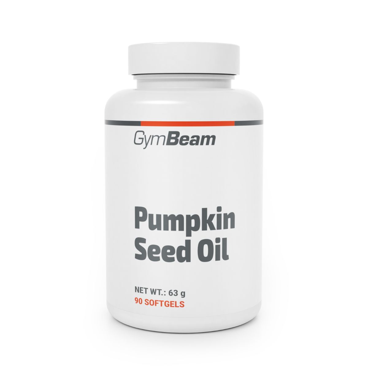 Weiße Dose mit GymBeam Logo, Kürbiskernöl Kapseln mit Vitamin E, 90 Softgels.