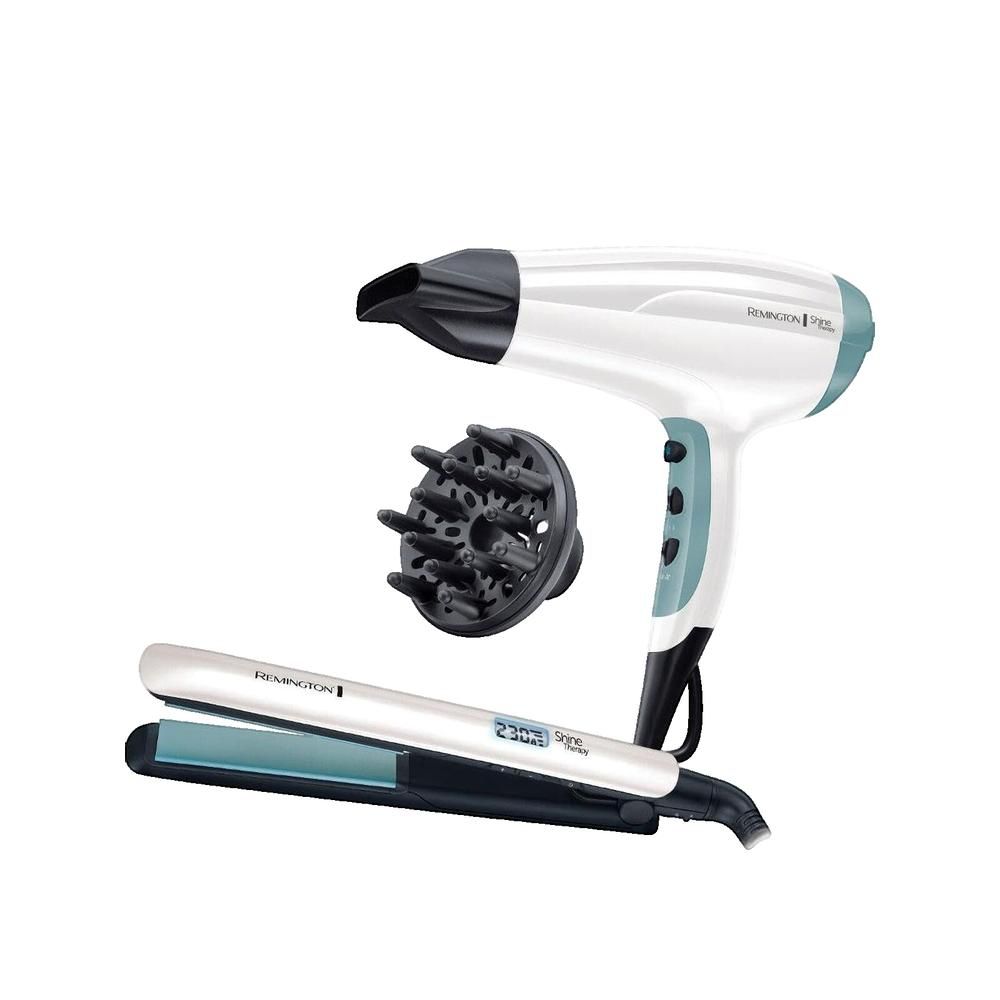 Haartrockner, Glätteisen und Diffusor. Weiß, türkis und schwarz. Glätteisen mit Digitalanzeige. Remington-Logo.