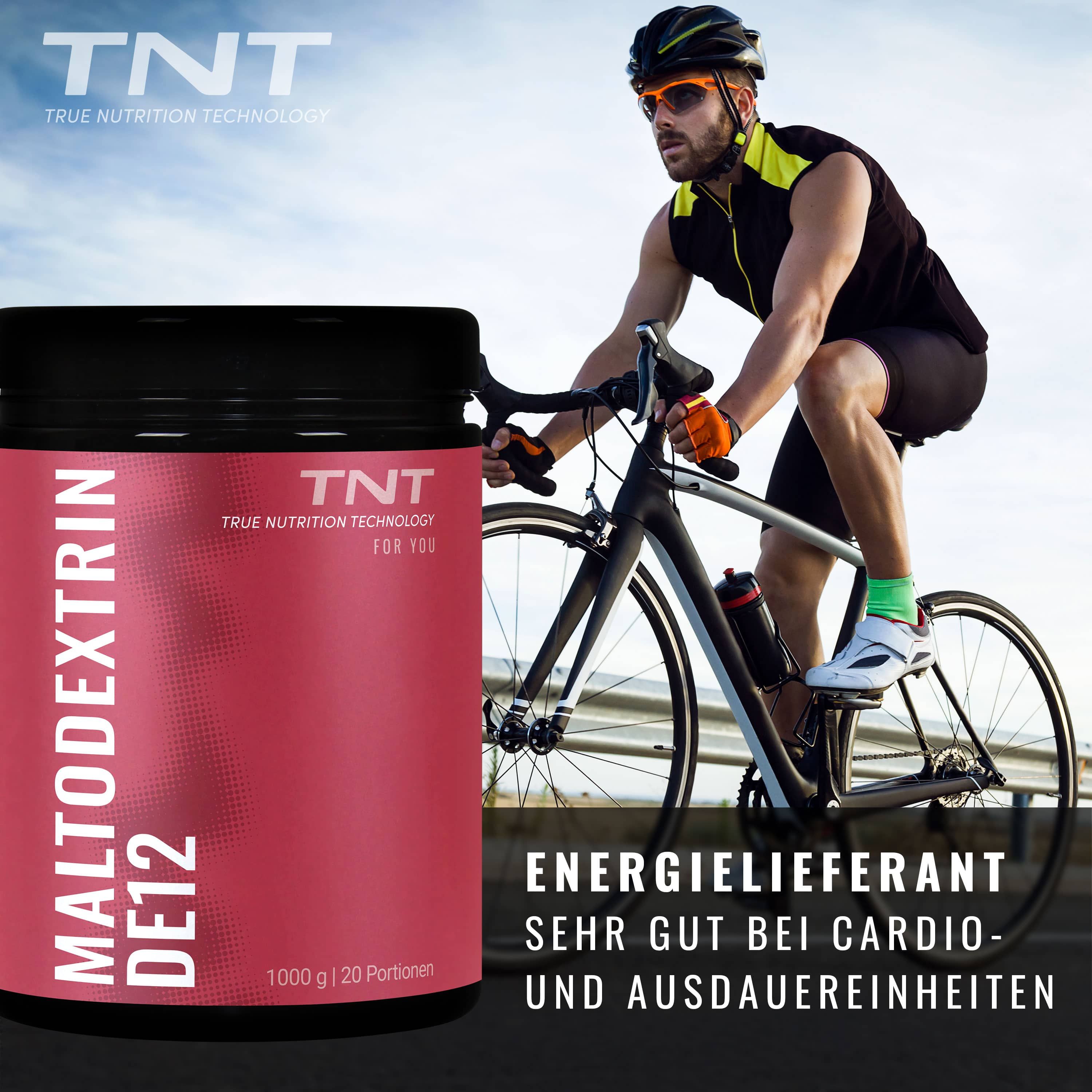 Mann auf Fahrrad neben Produkt. Aufschrift: Energie, sehr gut bei Cardio- und Ausdauereinheiten. Produkt: Maltodextrin DE12.
