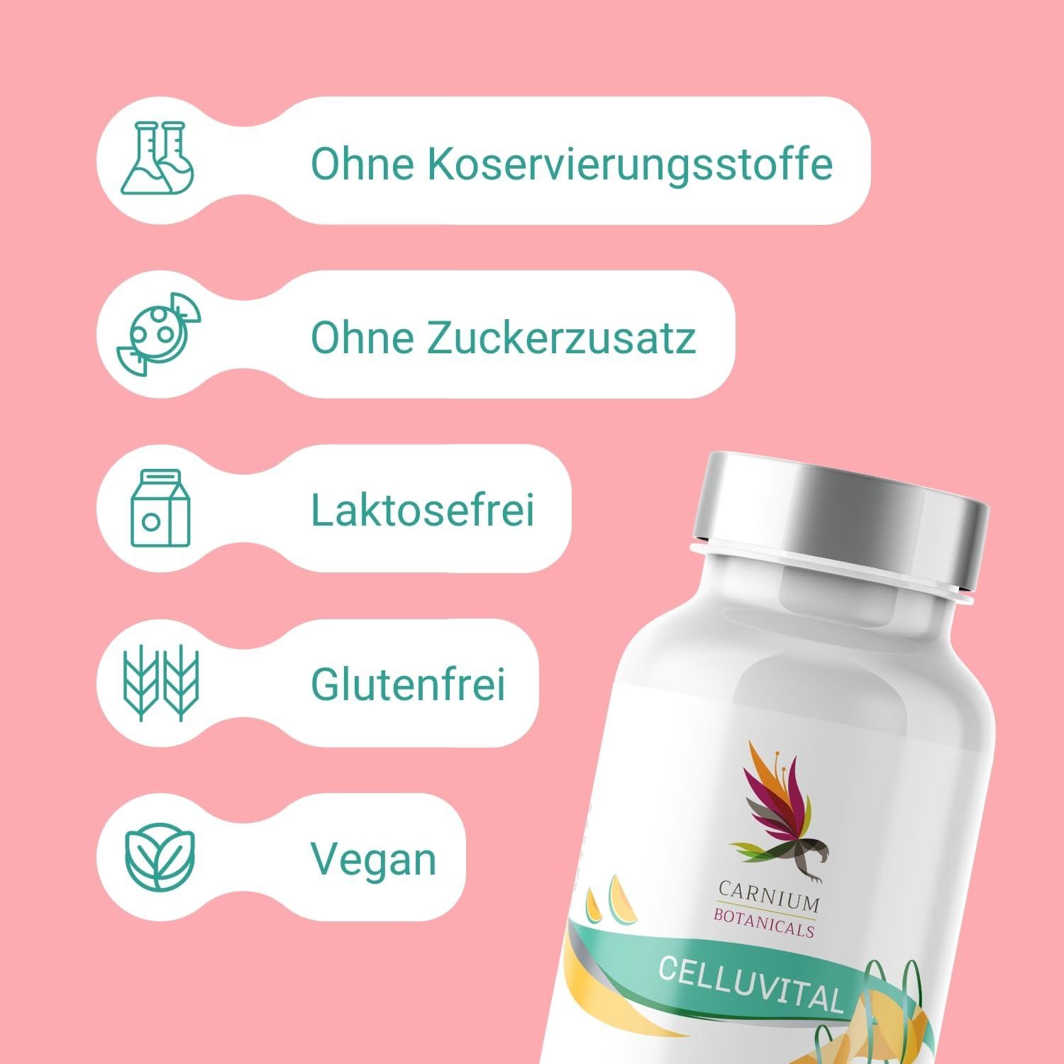 Flasche CELLUVITAL neben Symbolen: Ohne Konservierungsstoffe, ohne Zuckerzusatz, laktosefrei, glutenfrei, vegan.