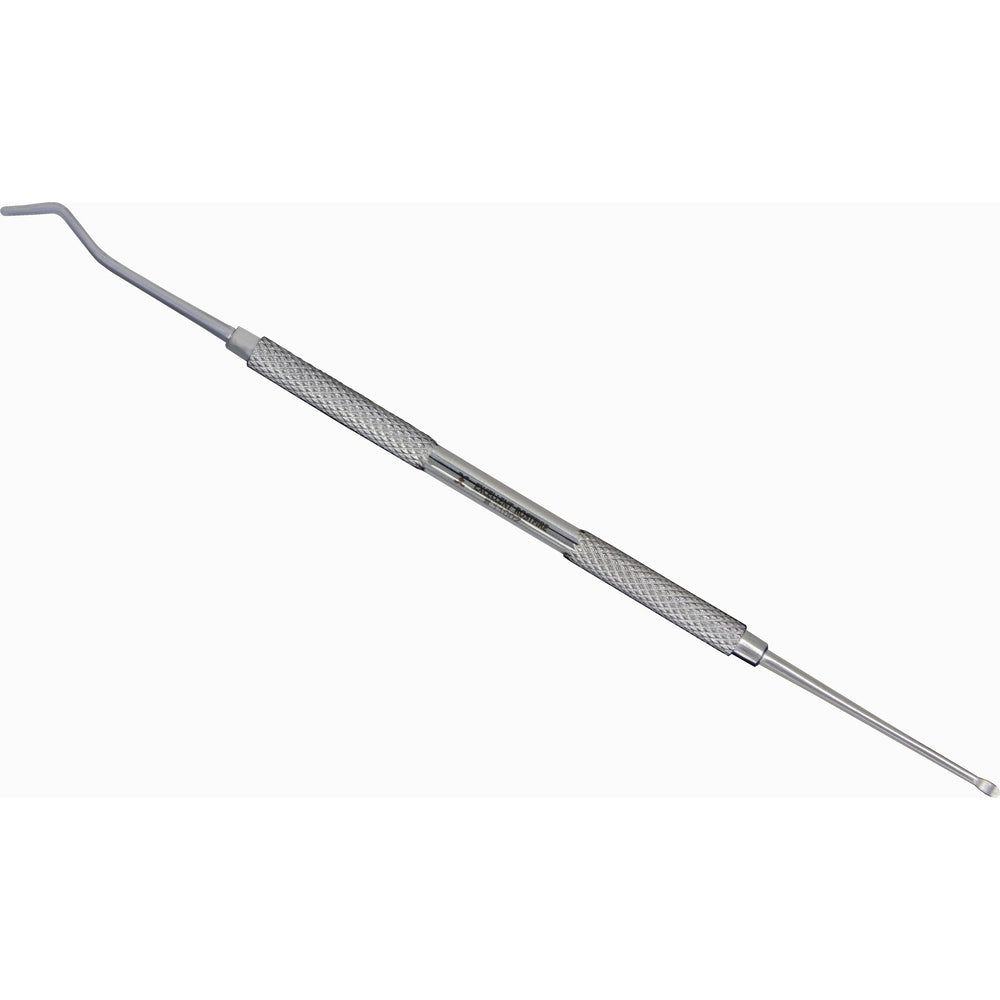 Doppelendigtes medizinisches Instrument aus Metall. Ein Ende ist gebogen, das andere spitz.