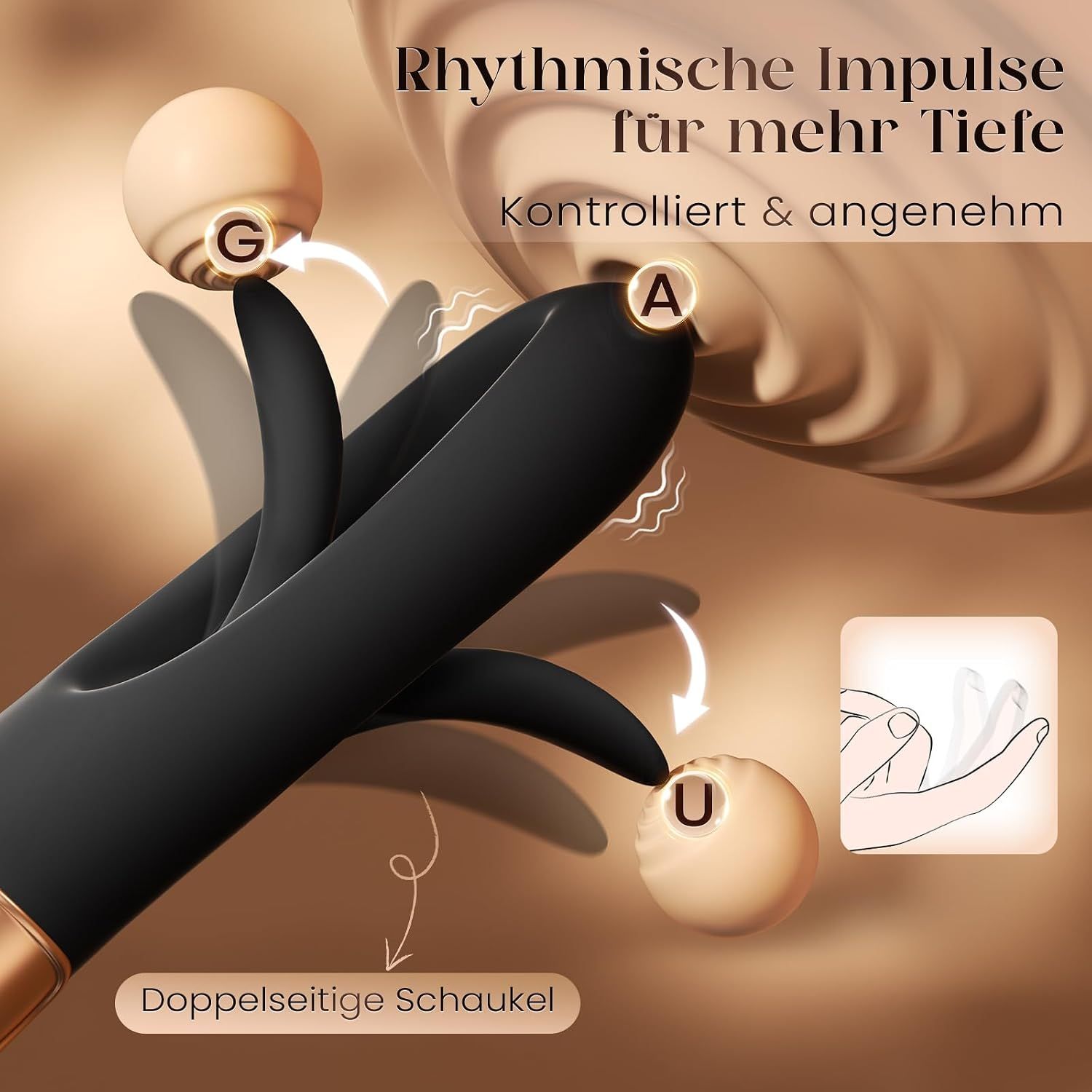 Schwarzer Vibrator mit kupferfarbenem Griff und 10 Vibrationsmodi für gleichmäßige Vibration.