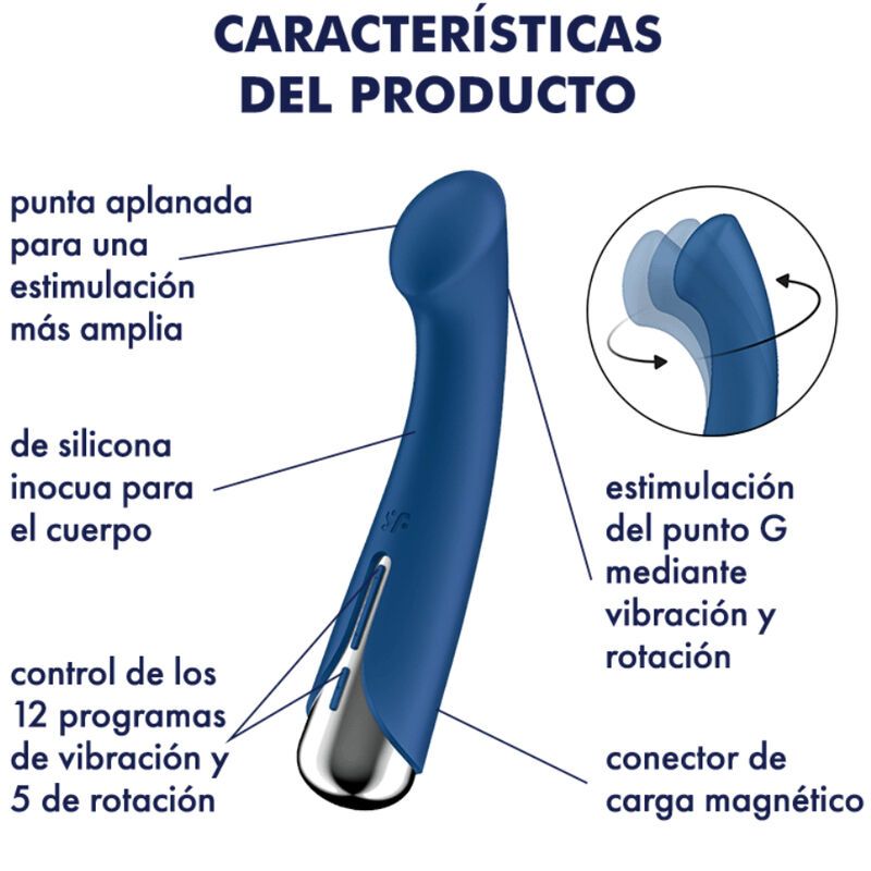 Blauer Vibrator mit silberfarbenem Ende. Produktmerkmale in spanischer Sprache. SF-Logo.