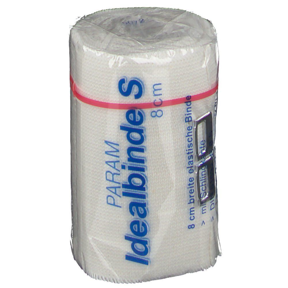 Elastische Binde PARAM Idealbinde S, 8 cm breit, in Zellglas verpackt. Rote Gummiband. Aufschrift: 8 cm.