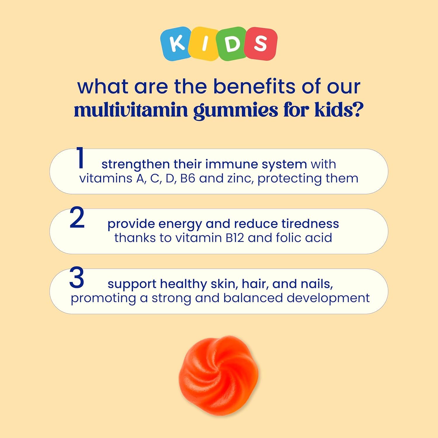 Vorteile von Jelly Pills Kids Multivitamin Gummies: Immunsystem, Energie, gesunde Haut. Rote, spiralförmige Gummibärchen.