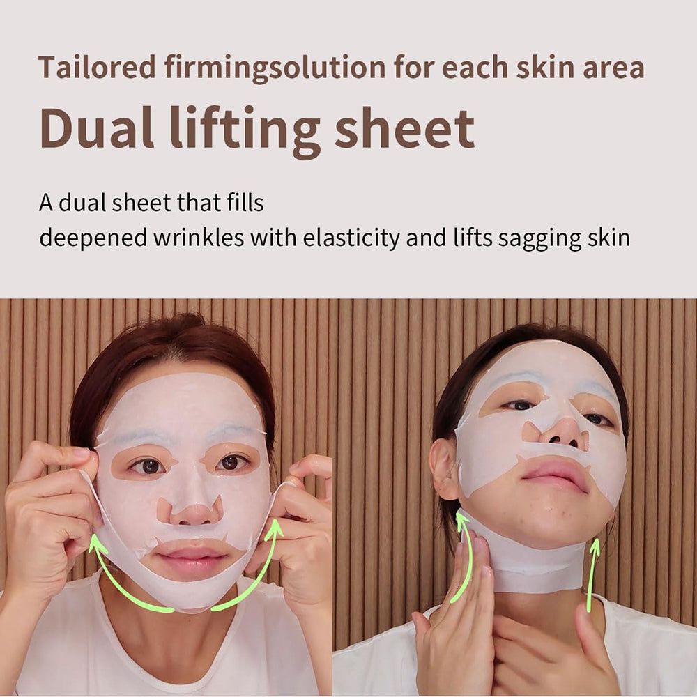Zwei Frauen mit Gesichtsmasken. Grüne Pfeile zeigen auf die Masken. Text: "Dual lifting sheet".