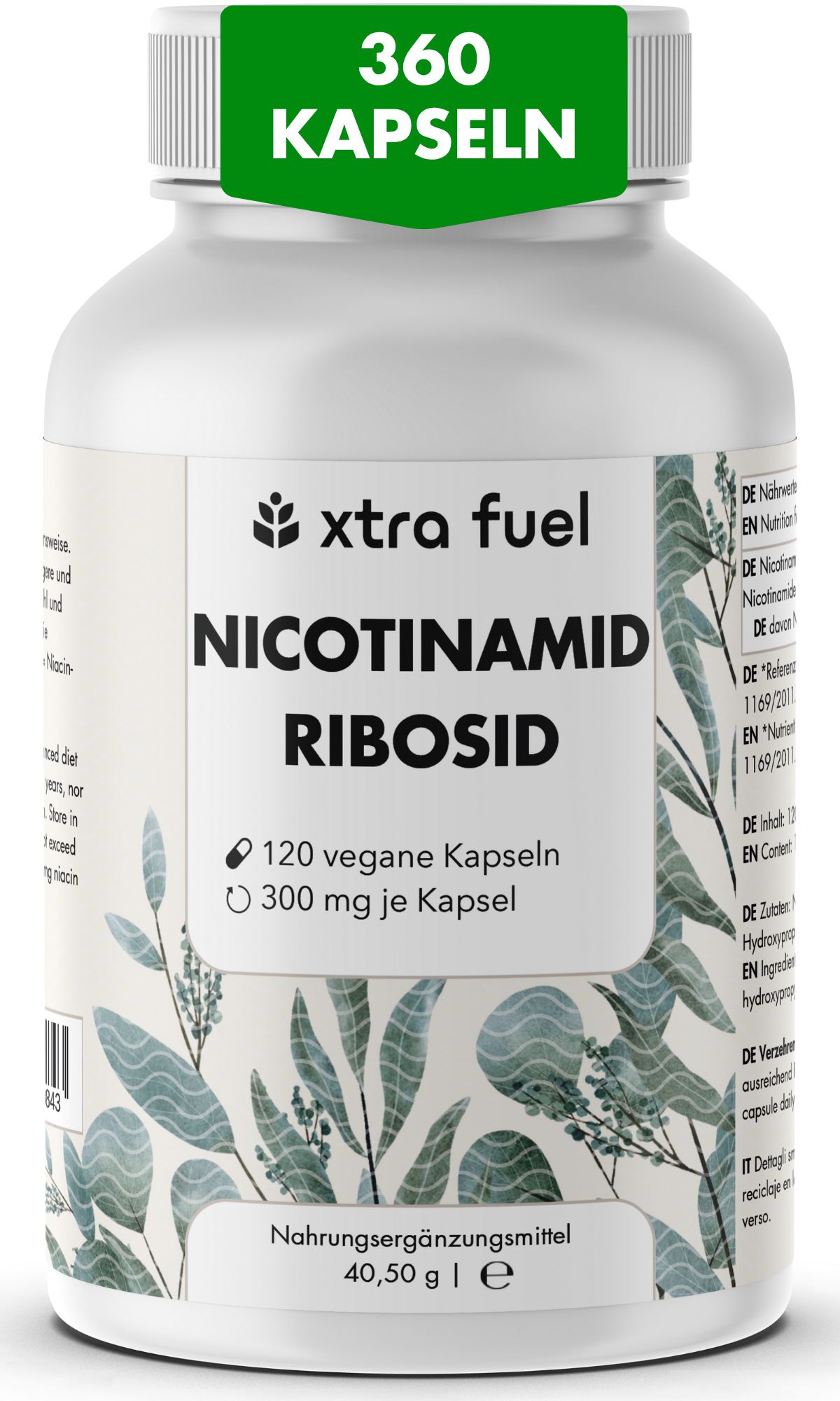 Weiße Flasche mit 360 Kapseln. Aufschrift: Nicotinamid Ribosid, 120 vegane Kapseln, 300 mg je Kapsel. Marke: Xtra Fuel.
