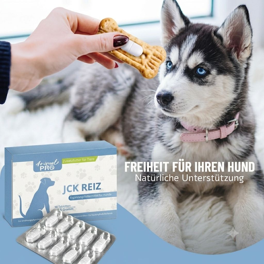 Hundewelpe mit einer Hand, die eine Tablette auf einem Hundekeks anbietet. JCK REIZ Verpackung.