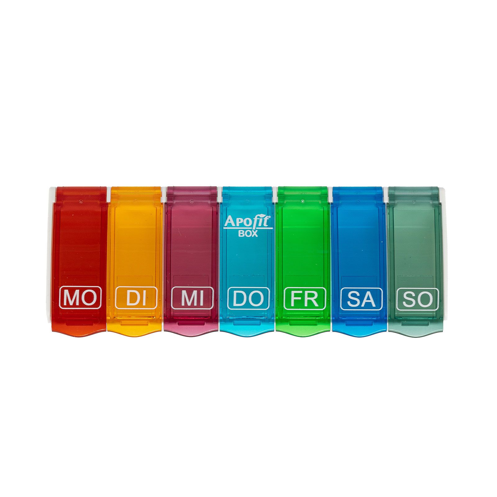 Sieben bunte Pillendosen für jeden Wochentag, mit "ApoFit BOX" Aufdruck.