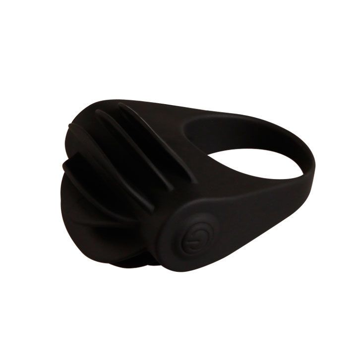 Schwarzer Penisring mit Vibrator. Ring mit Blättern und Knopf.