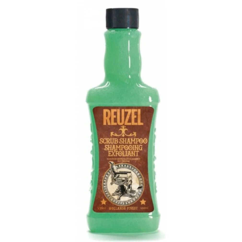 Reuzel Scrub Shampoo in grüner Flasche, isoliert auf weißem Hintergrund.