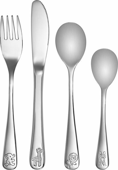 Edelstahl-Besteck-Set für Kinder. Enthält Gabel, Messer und zwei Löffel. Mit Tiergravuren auf den Griffen.