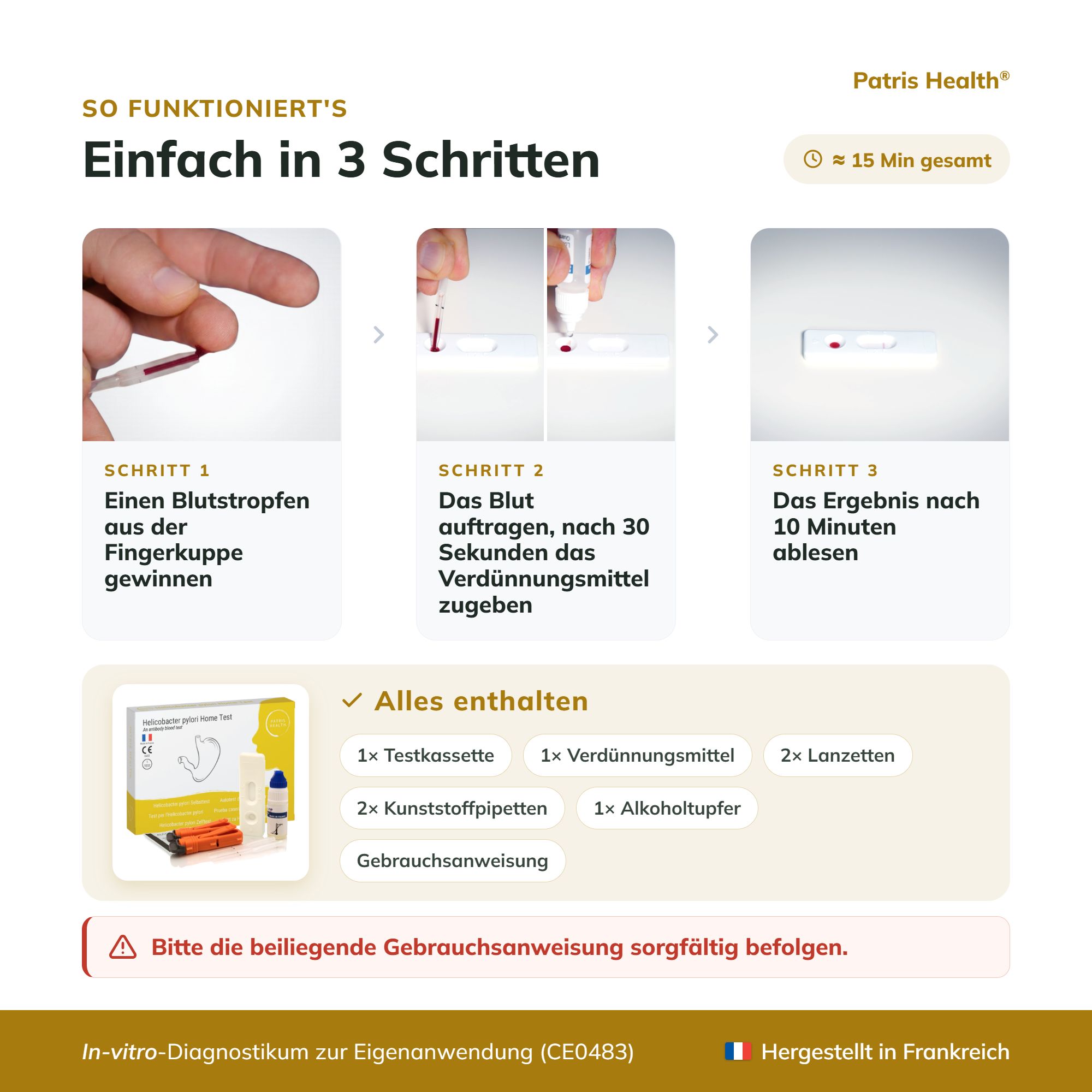 So funktioniert der Helicobacter pylori Schnelltest: Blutentnahme, Anwendung, Ergebnisablesung, enthaltene Komponenten.