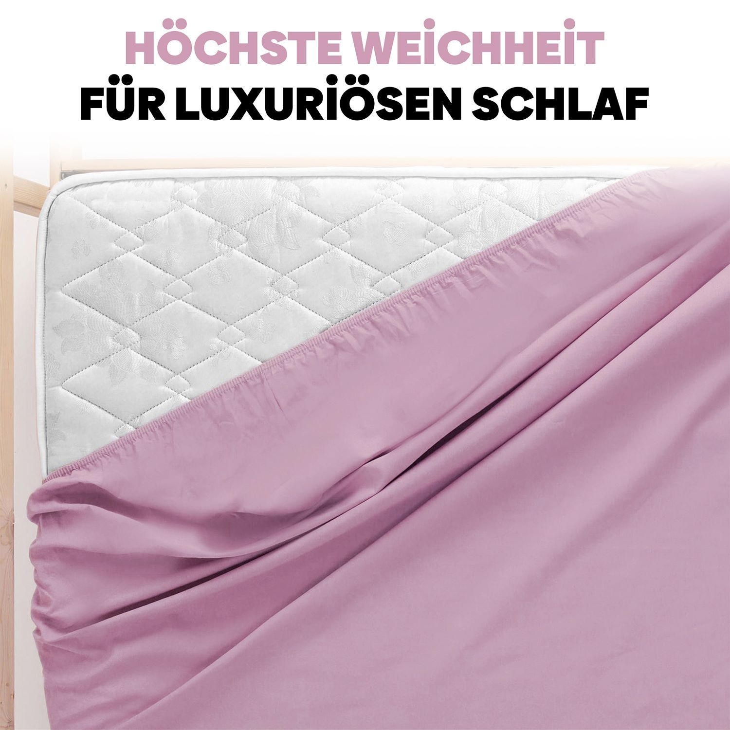 Rosa Spannbettlaken auf Matratze. Text: Höchste Weichheit für luxuriösen Schlaf.