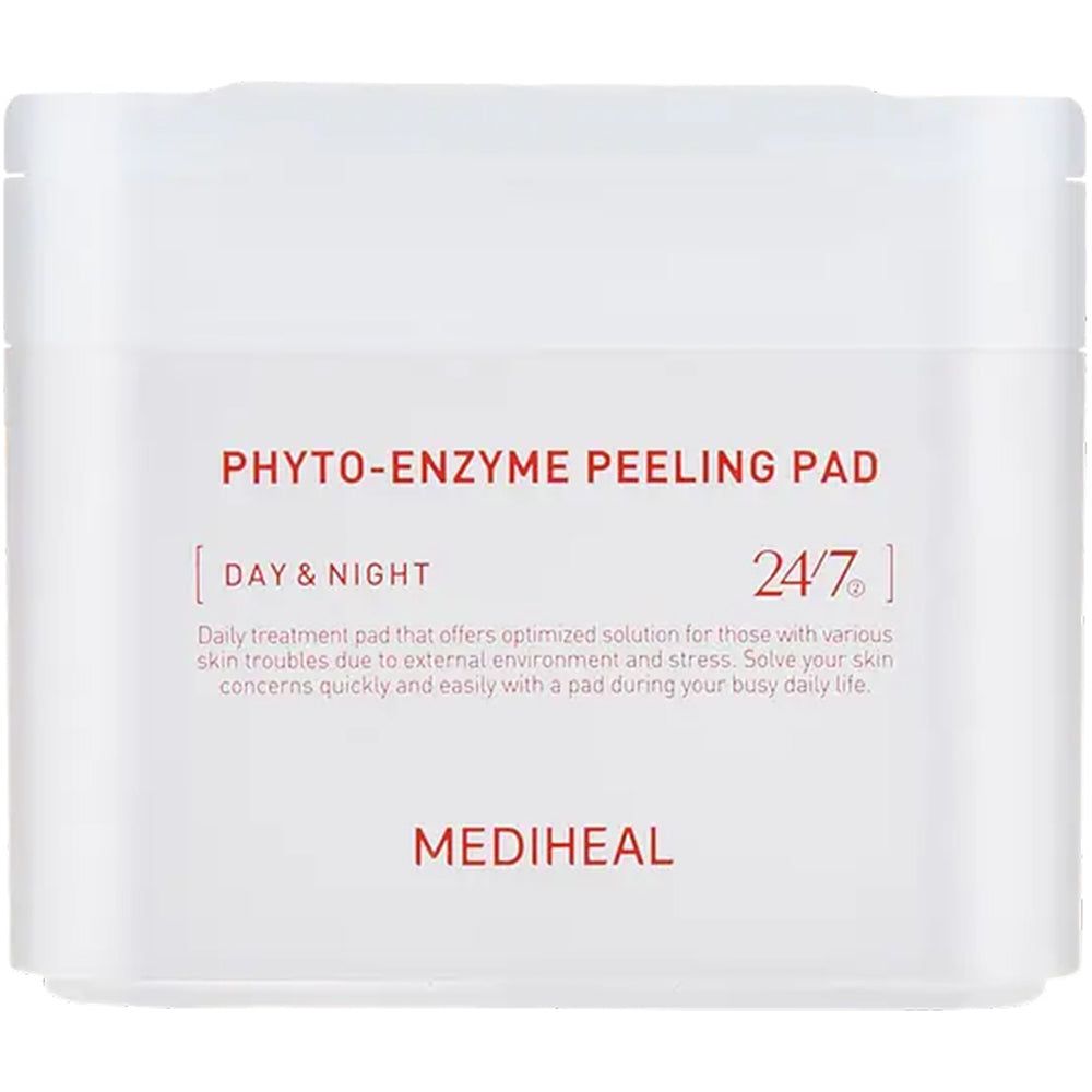 Weißer Behälter mit Aufschrift "PHYTO-ENZYME PEELING PAD" und "MEDIHEAL". Text: "DAY & NIGHT" und "24/7".