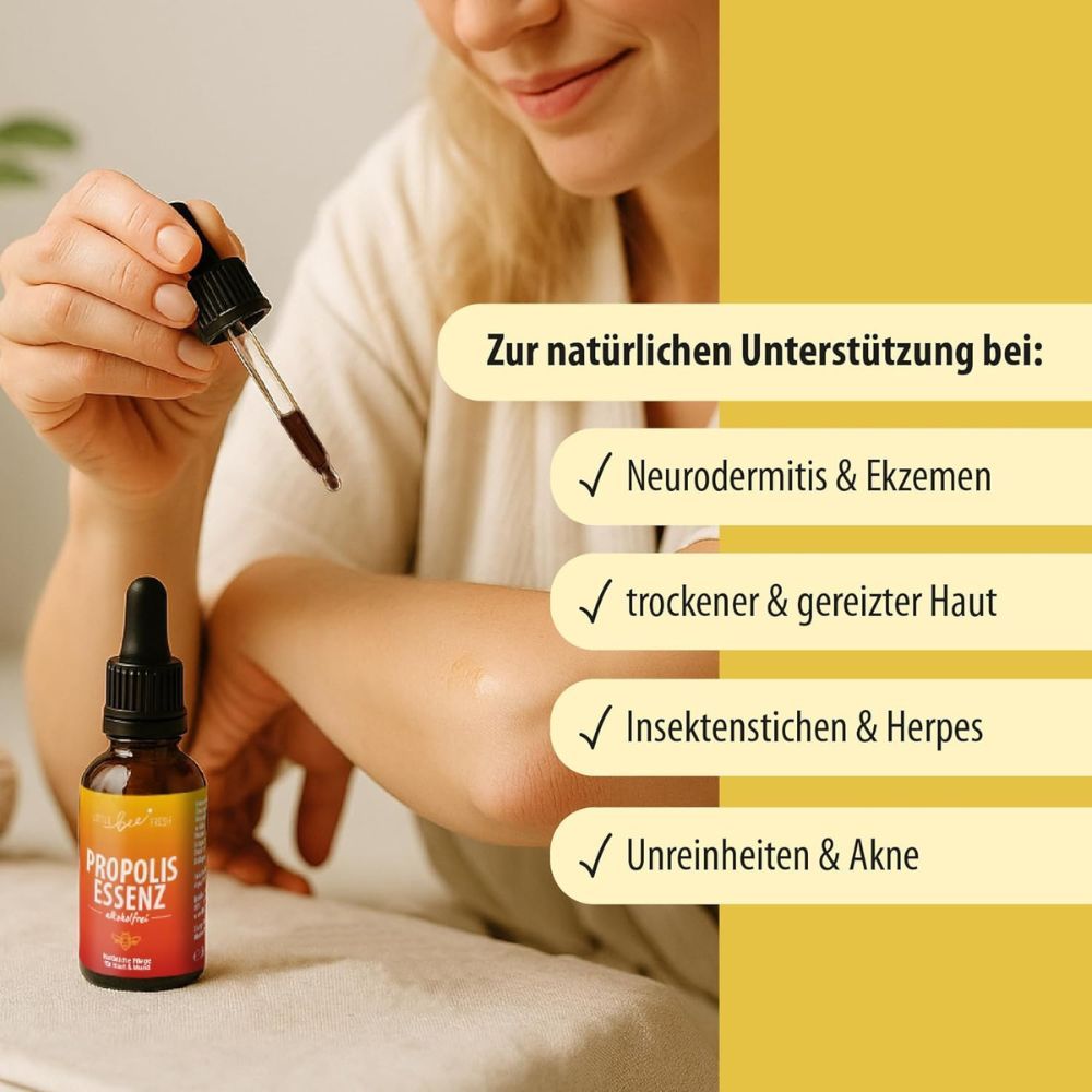 Frau hält eine Tropfflasche. Daneben eine Liste mit Anwendungsbereichen: Neurodermitis, trockene Haut, Insektenstiche, Unreinheiten.