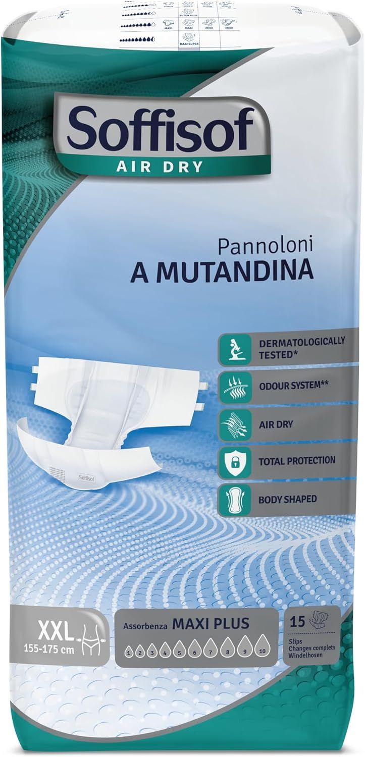 Verpackung mit Soffisof Air Dry Windeln für Erwachsene. XXL, 155-175 cm. Dermatologisch getestet, geruchsneutral, atmungsaktiv.
