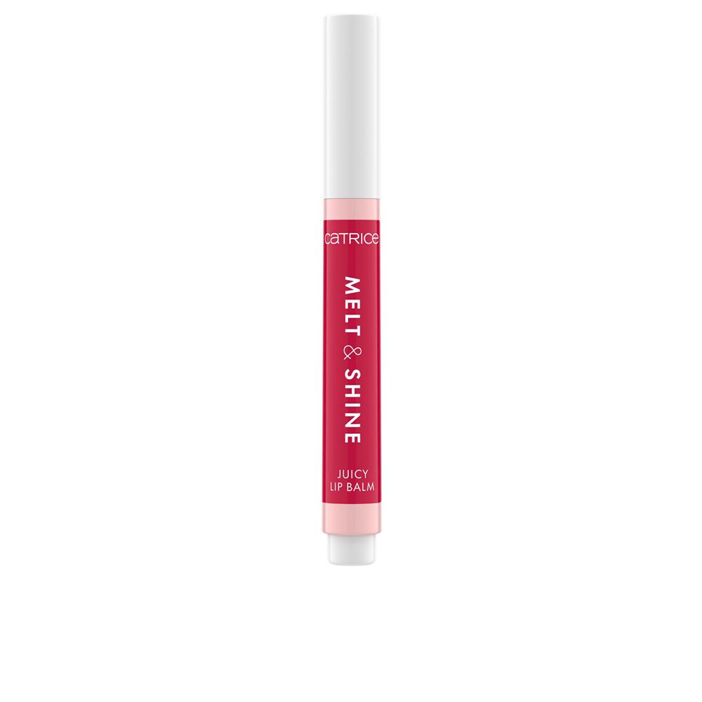 Lippenbalsam in Stiftform. Weißer Deckel, rosa Hülse mit Schriftzug MELT & SHINE, darunter JUICY LIP BALM. Marke Catrice.