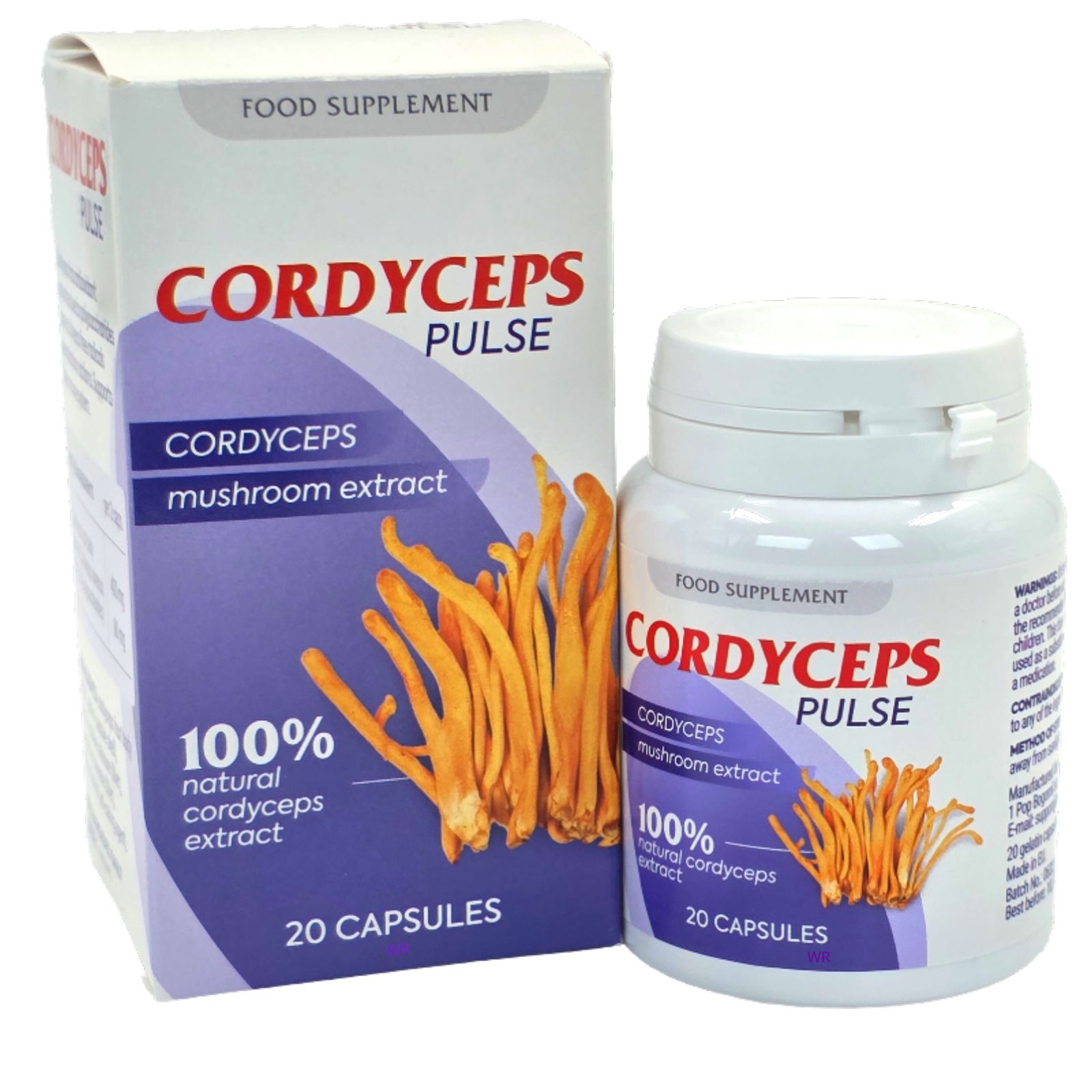 Weiße Schachtel und Flasche mit rotem und blauem Etikett. Aufschrift: Cordyceps Pulse, 100% natürlicher Cordyceps-Extrakt, 20 Kapseln.