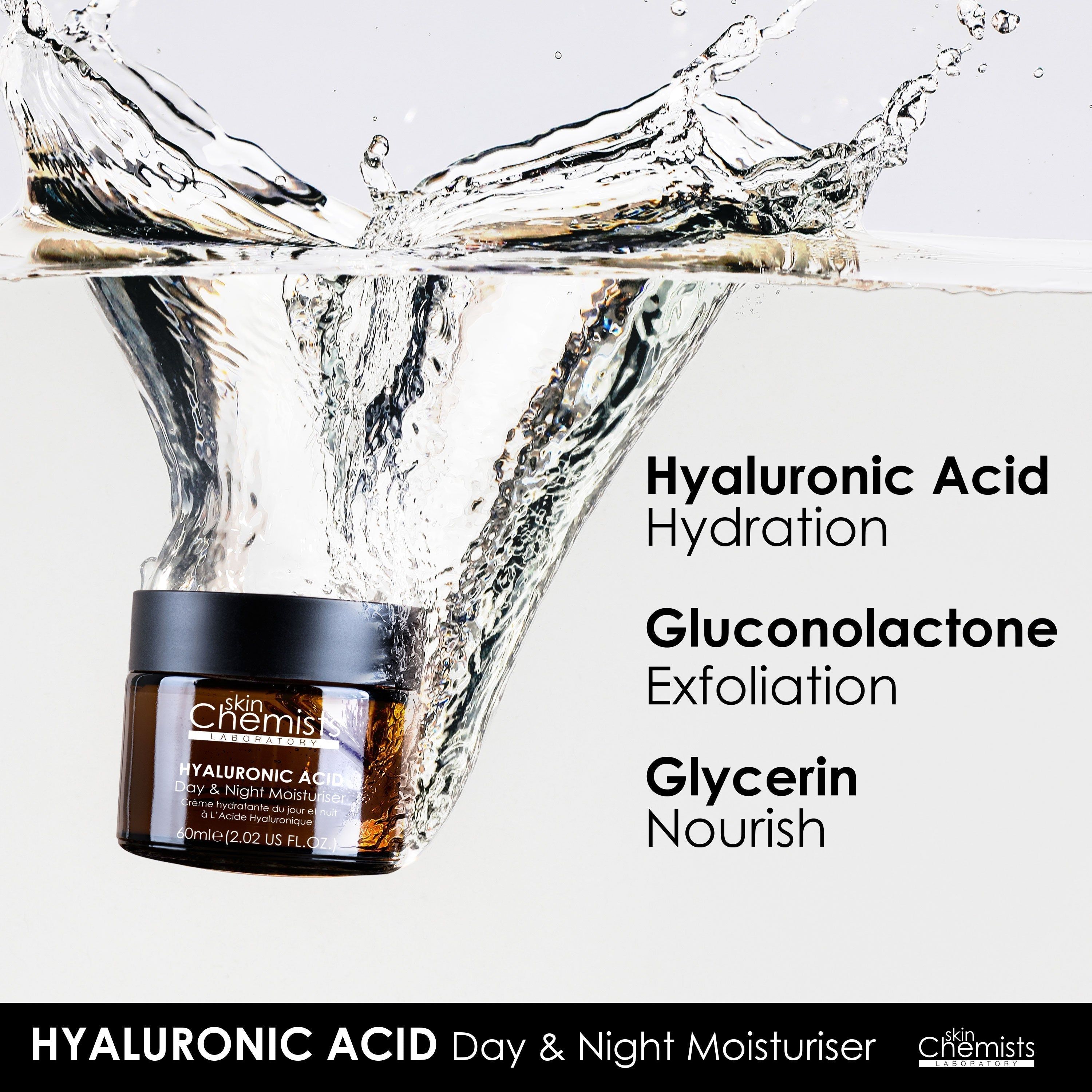 Brauner Glastiegel unter Wasser. Aufschrift: HYALURONIC ACID Day & Night Moisturiser. Text: Hydratation, Exfoliation, Nourish.