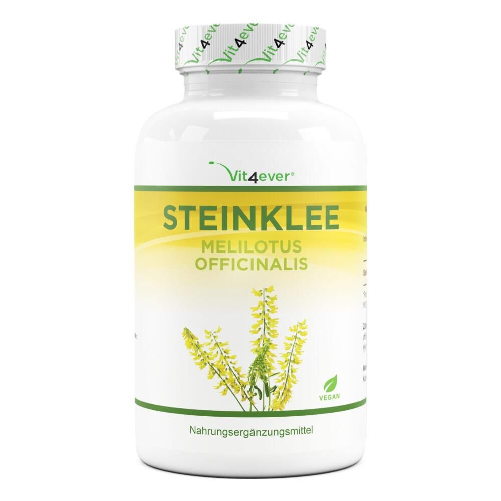 Vit4ever Steinklee Kapseln, weiße Flasche mit gelbem Etikett und Text: Steinklee, Melilotus officinalis, Nahrungsergänzungsmittel.